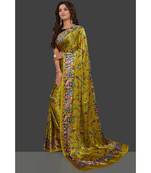 Mehandi Japan Satin Rose And Leaf All Over Printed With Seprate Blouse