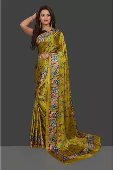 Mehandi Japan Satin Rose And Leaf All Over Printed With Seprate Blouse