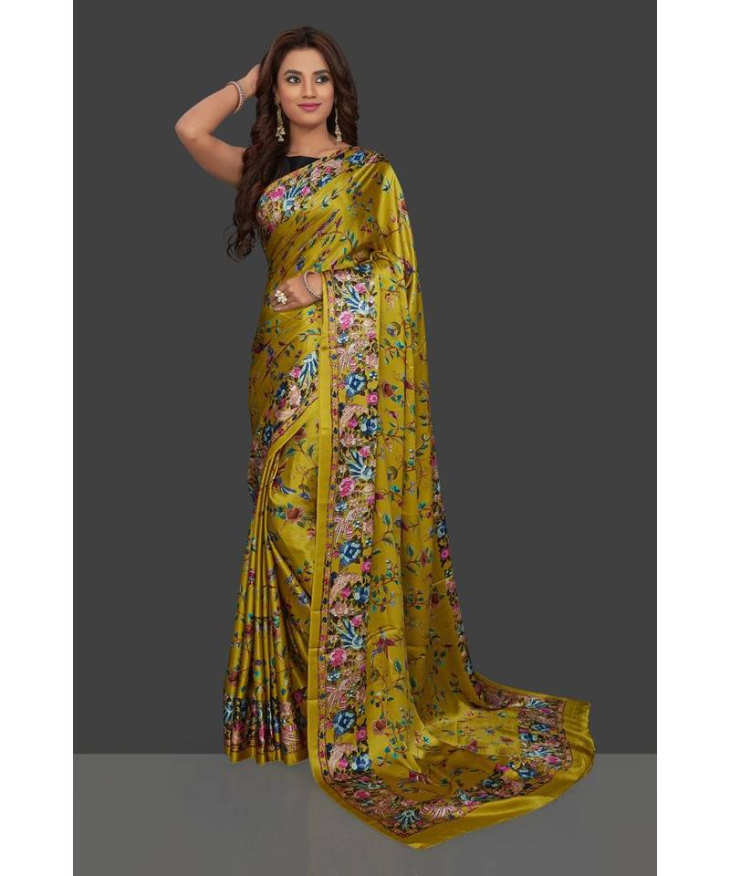 Mehandi Japan Satin Rose And Leaf All Over Printed With Seprate Blouse