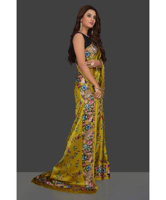 Mehandi Japan Satin Rose And Leaf All Over Printed With Seprate Blouse 3