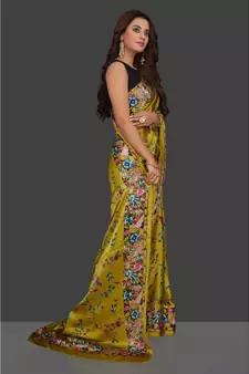 Mehandi Japan Satin Rose And Leaf All Over Printed With Seprate Blouse