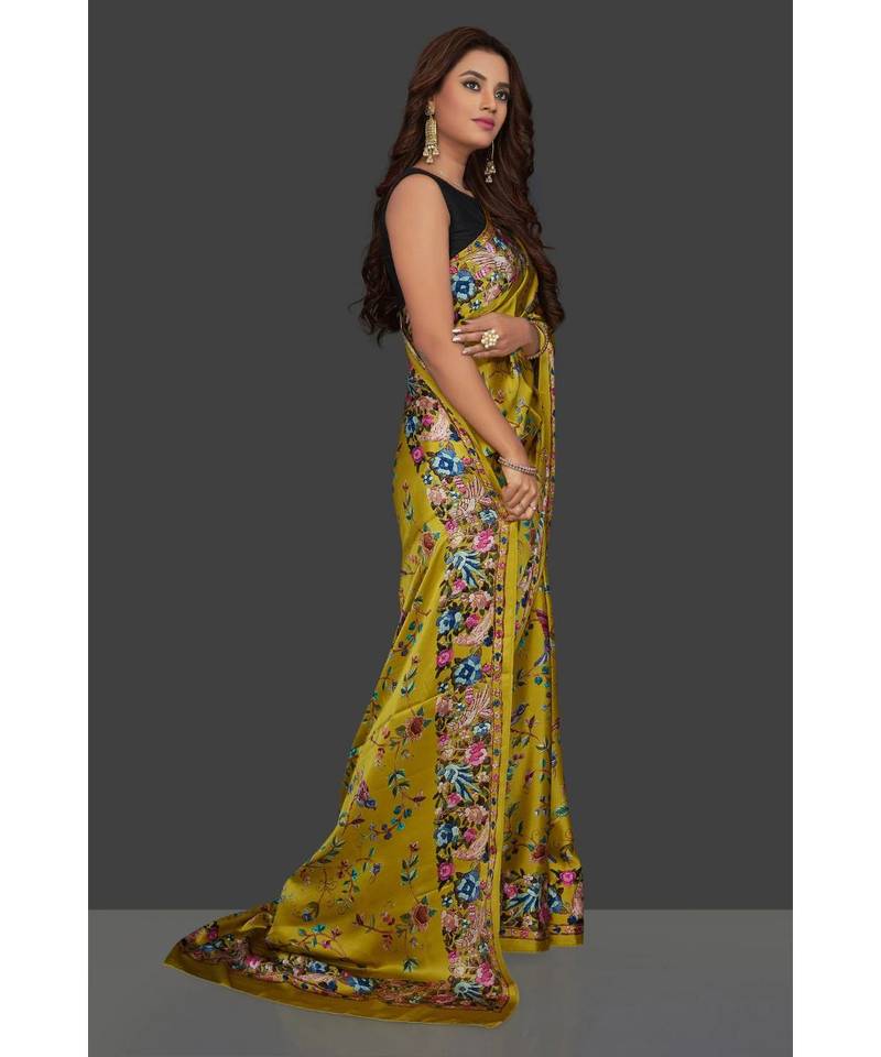 Mehandi Japan Satin Rose And Leaf All Over Printed With Seprate Blouse