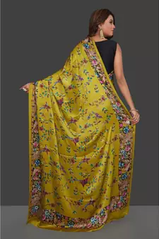 Mehandi Japan Satin Rose And Leaf All Over Printed With Seprate Blouse