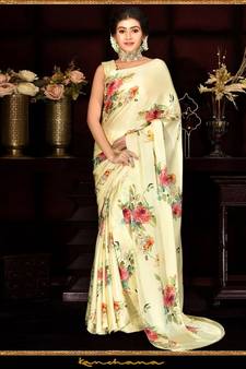 Yellow Japan Satin  Printed All Over Rose  Saree With Seprate Blouse