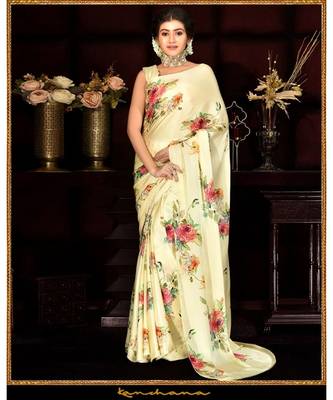 Yellow Japan Satin  Printed All Over Rose  Saree With Seprate Blouse 1
