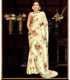Yellow Japan Satin  Printed All Over Rose  Saree With Seprate Blouse