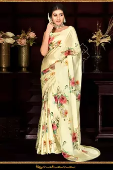 Yellow Japan Satin  Printed All Over Rose  Saree With Seprate Blouse