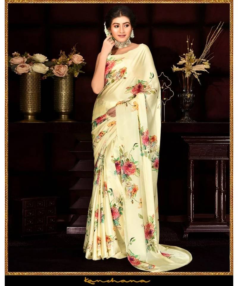 Yellow Japan Satin  Printed All Over Rose  Saree With Seprate Blouse