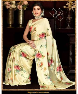 Yellow Japan Satin  Printed All Over Rose  Saree With Seprate Blouse 3