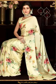 Yellow Japan Satin  Printed All Over Rose  Saree With Seprate Blouse