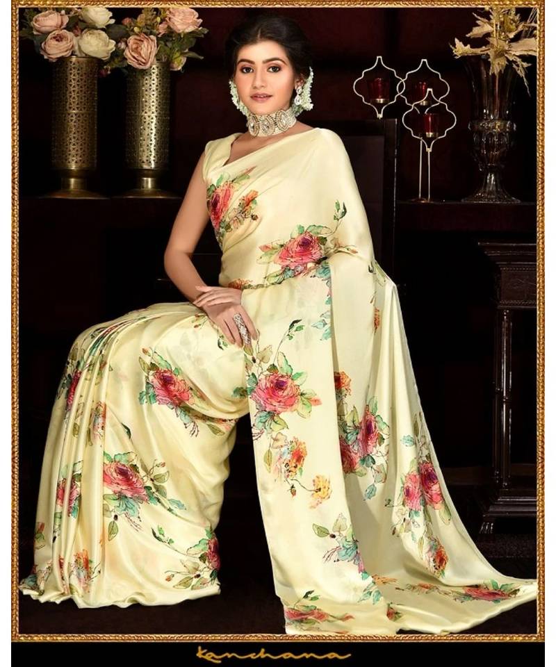 Yellow Japan Satin  Printed All Over Rose  Saree With Seprate Blouse