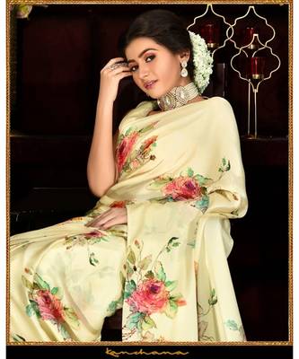 Yellow Japan Satin  Printed All Over Rose  Saree With Seprate Blouse 4