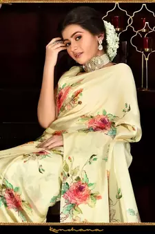 Yellow Japan Satin  Printed All Over Rose  Saree With Seprate Blouse