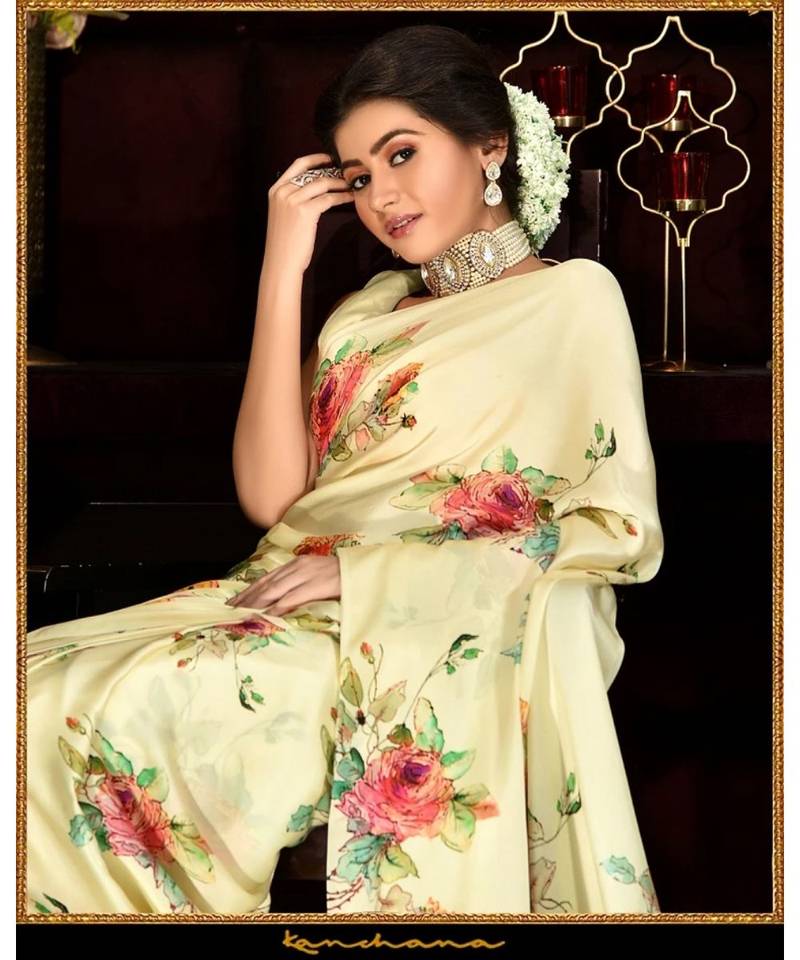 Yellow Japan Satin  Printed All Over Rose  Saree With Seprate Blouse