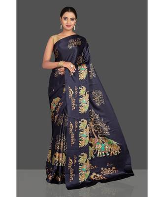 Navy Blue Hathi Design Satin Printed Elegant Saree With Blouse 1