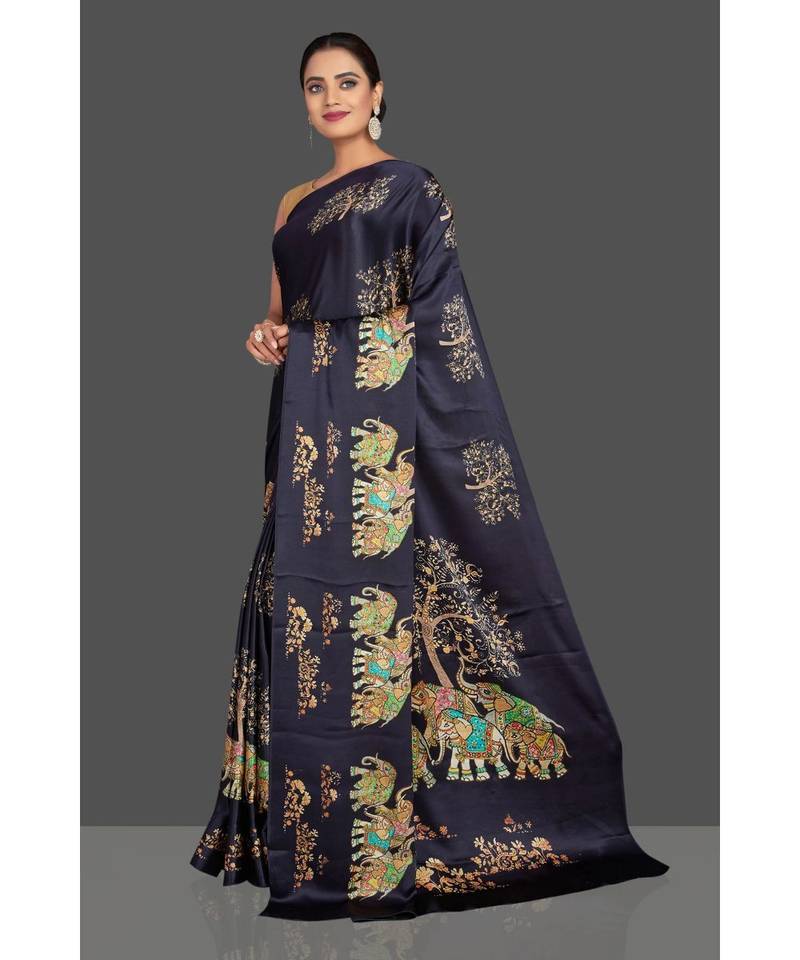 Navy Blue Hathi Design Satin Printed Elegant Saree With Blouse