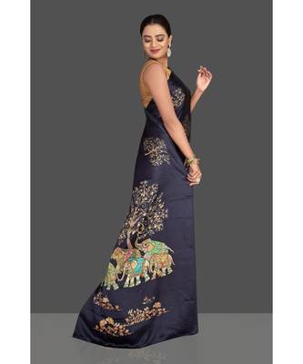 Navy Blue Hathi Design Satin Printed Elegant Saree With Blouse 3