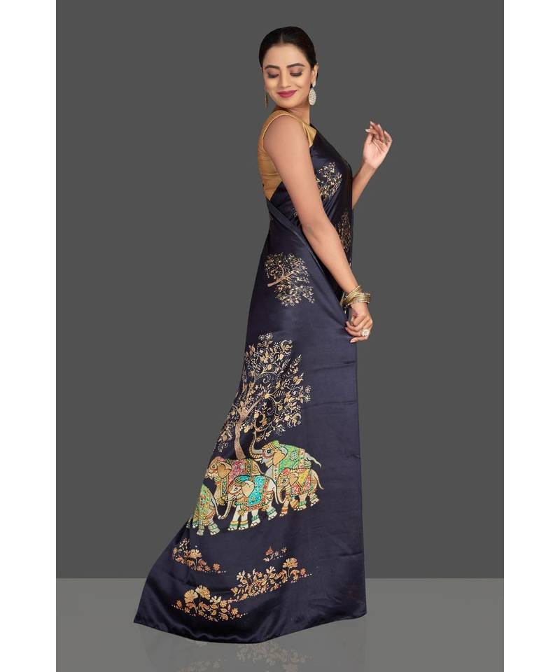 Navy Blue Hathi Design Satin Printed Elegant Saree With Blouse