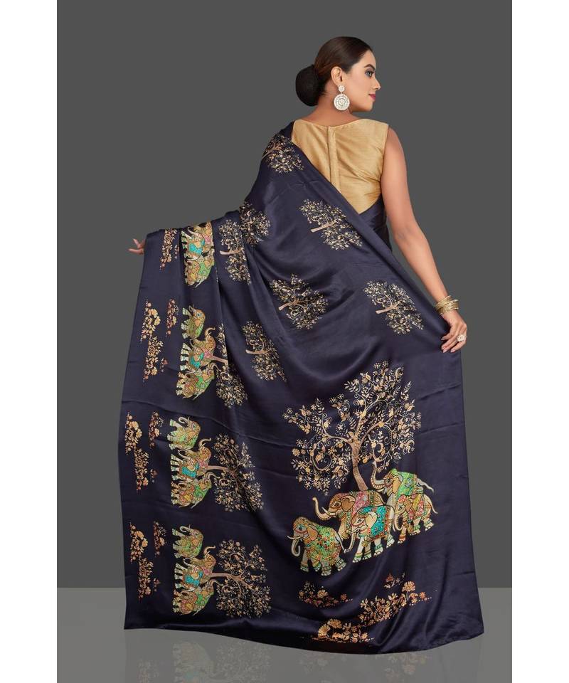 Navy Blue Hathi Design Satin Printed Elegant Saree With Blouse