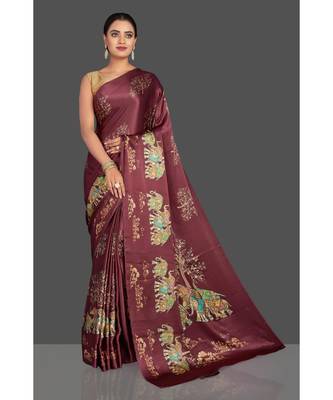 Maroon Hathi Design Satin Printed Elegant Saree With Blouse 1
