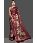 Maroon Hathi Design Satin Printed Elegant Saree With Blouse