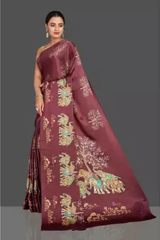 Maroon Hathi Design Satin Printed Elegant Saree With Blouse