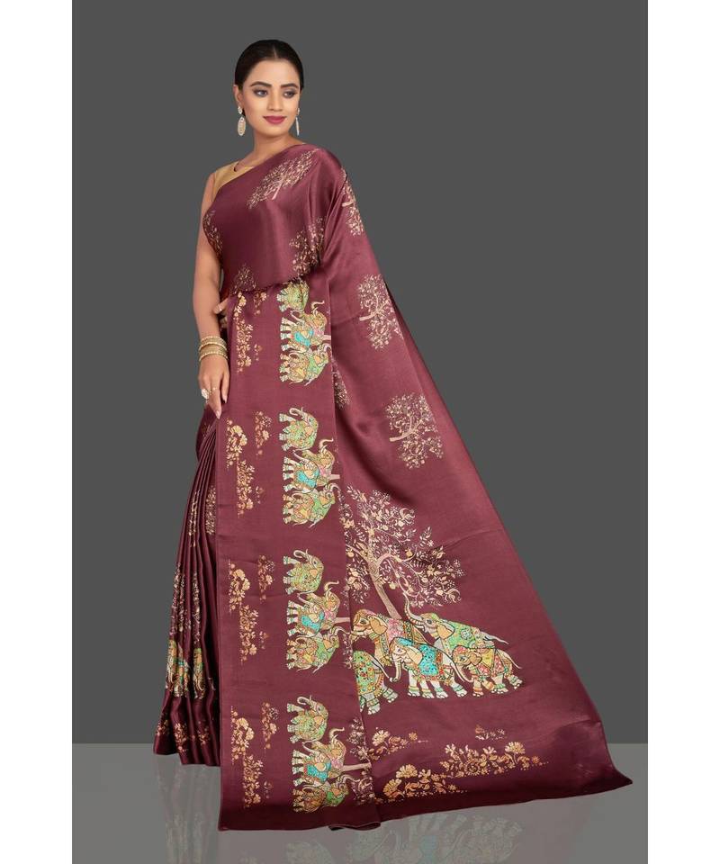 Maroon Hathi Design Satin Printed Elegant Saree With Blouse