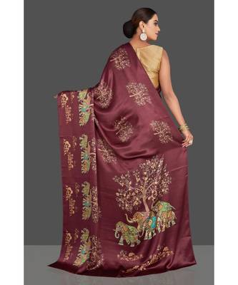 Maroon Hathi Design Satin Printed Elegant Saree With Blouse 3
