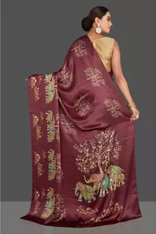 Maroon Hathi Design Satin Printed Elegant Saree With Blouse