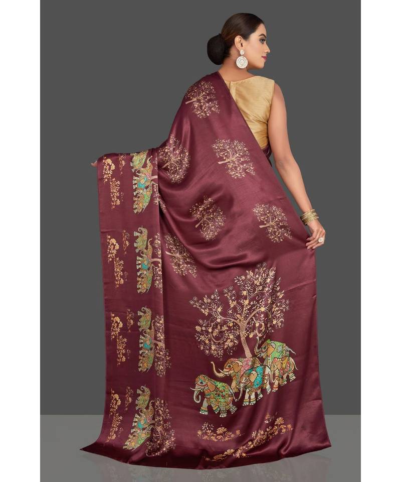 Maroon Hathi Design Satin Printed Elegant Saree With Blouse