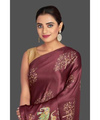 Maroon Hathi Design Satin Printed Elegant Saree With Blouse 4