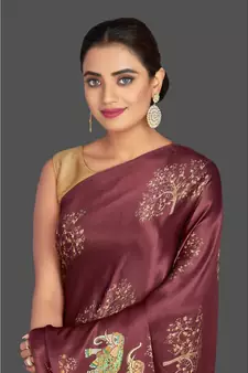 Maroon Hathi Design Satin Printed Elegant Saree With Blouse