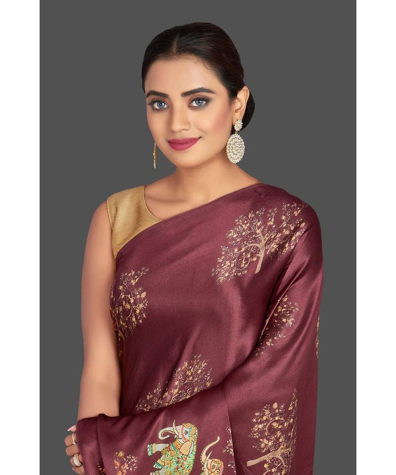 Maroon Hathi Design Satin Printed Elegant Saree With Blouse