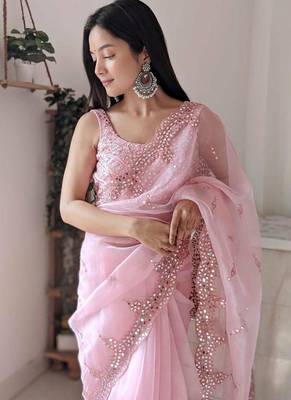 Baby Pink Organza Mirror Work Saree 1