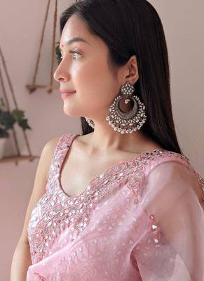 Baby Pink Organza Mirror Work Saree 2