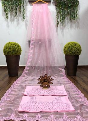 Baby Pink Organza Mirror Work Saree 3