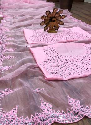 Baby Pink Organza Mirror Work Saree 4