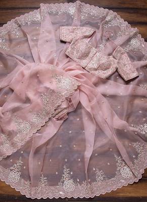 Baby Pink Organza Party Wear Sarees 2