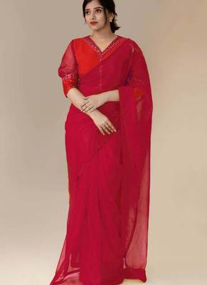 Red Organza Party Wear Sarees 1
