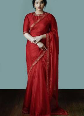 Maroon Organza Party Wear Sarees 1