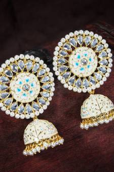 Traditional Handcrafted Kundan Pearl Studded Meenakari Jhumki Earring for Women (E2917CBL)
