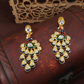 Traditional Meena Work Kundan Studded Peacock Design Dangle Earring For Women  1