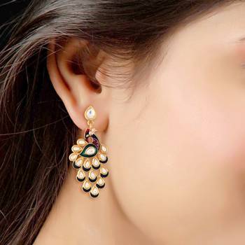 Traditional Meena Work Kundan Studded Peacock Design Dangle Earring For Women  2