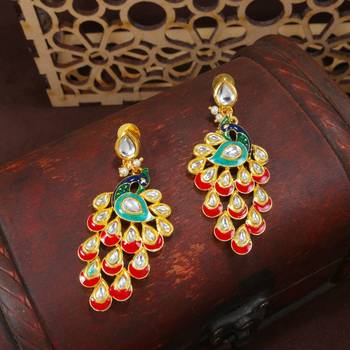 Meena Work Kundan Studded Peacock Design Dangle Earring For Women  1