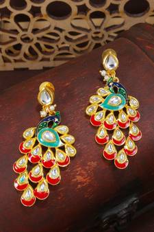 Meena Work Kundan Studded Peacock Design Dangle Earring For Women (E2918R)