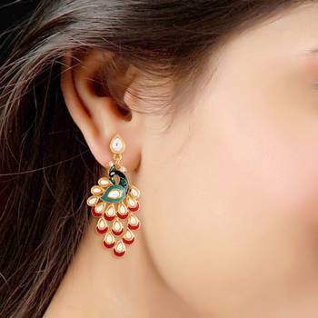 Meena Work Kundan Studded Peacock Design Dangle Earring For Women  2