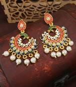 Meena Work Kundan Pearl Studded Peacock Designer Chandbali Earring For Women (E2919Bl)