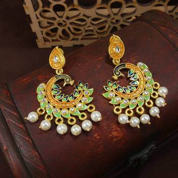 Meena Work Kundan Pearl Studded Peacock Designer Chandbali Earring For Women (E2919Min) 2