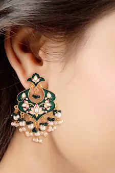 Traditional Meena Work Kundan Pearl Studded Chandbali Earring For Women 