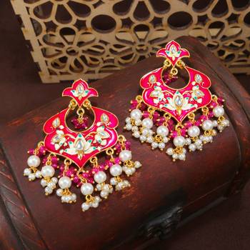 Meena Work Kundan Pearl Studded Chandbali Earring For Women  1